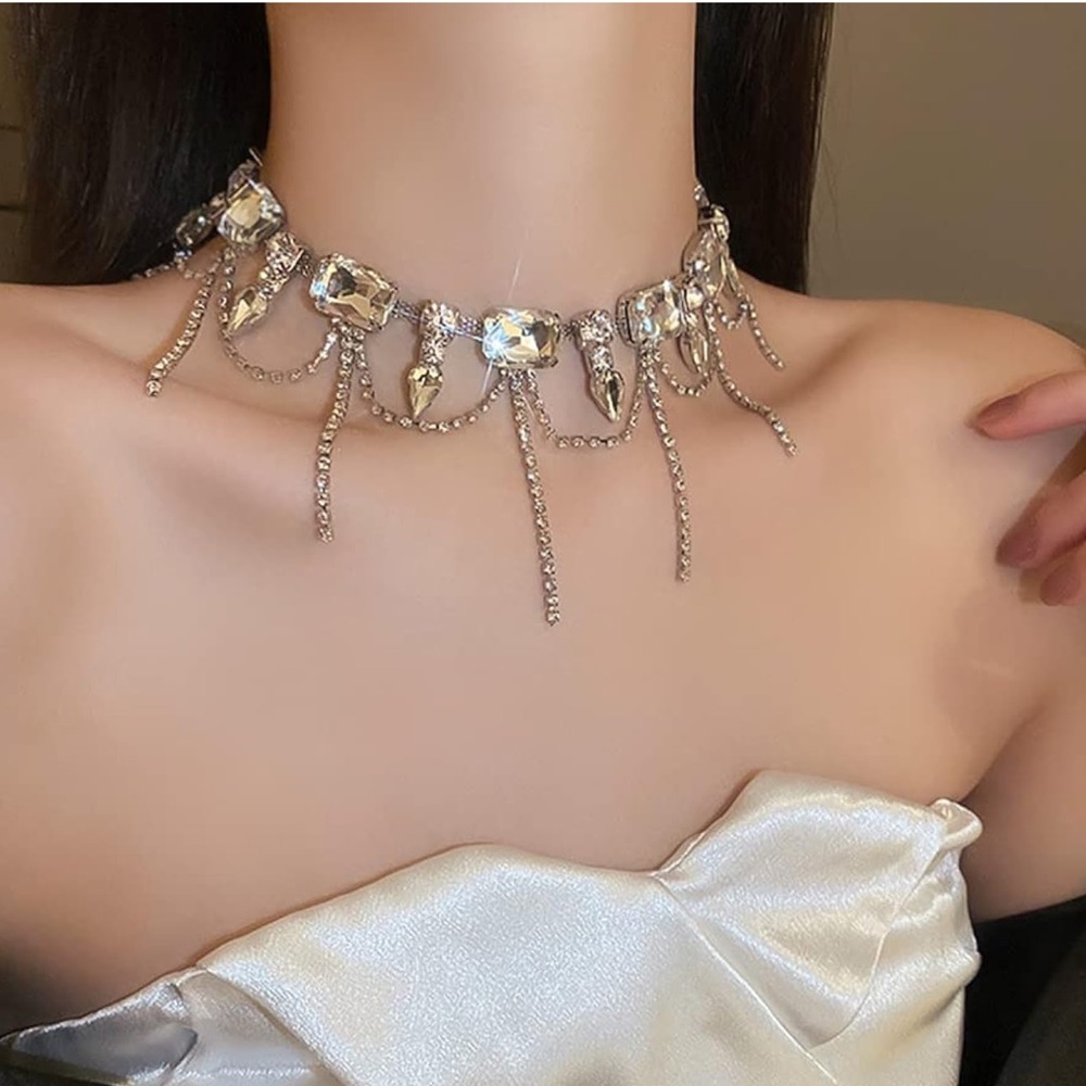 Silver Rhinestone Gem Tassels Showgirl Choker Necklace Shiny Jewel Crystal NEW